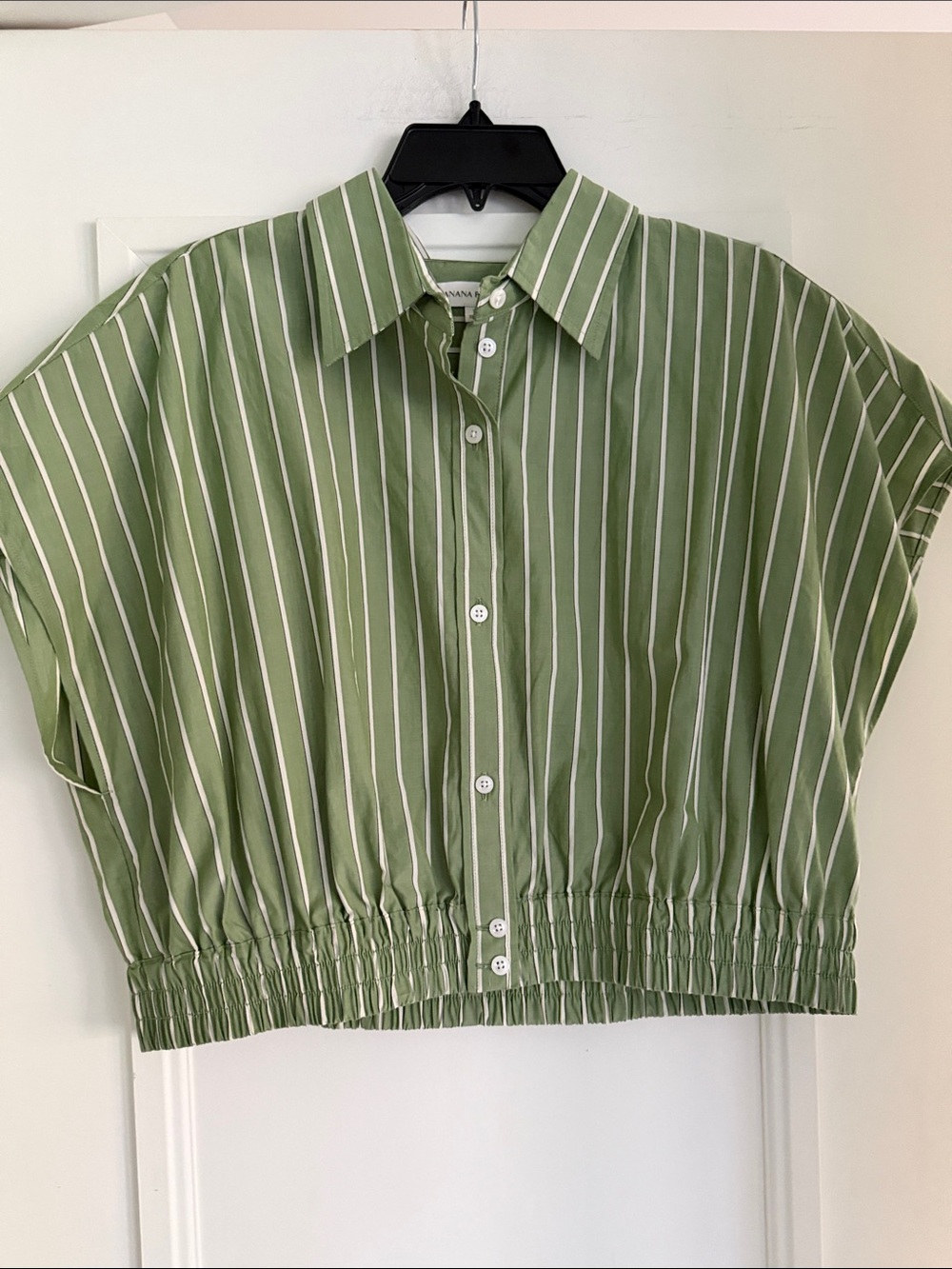 Banana Republic Olive Green & White Striped Cropped Button-Down